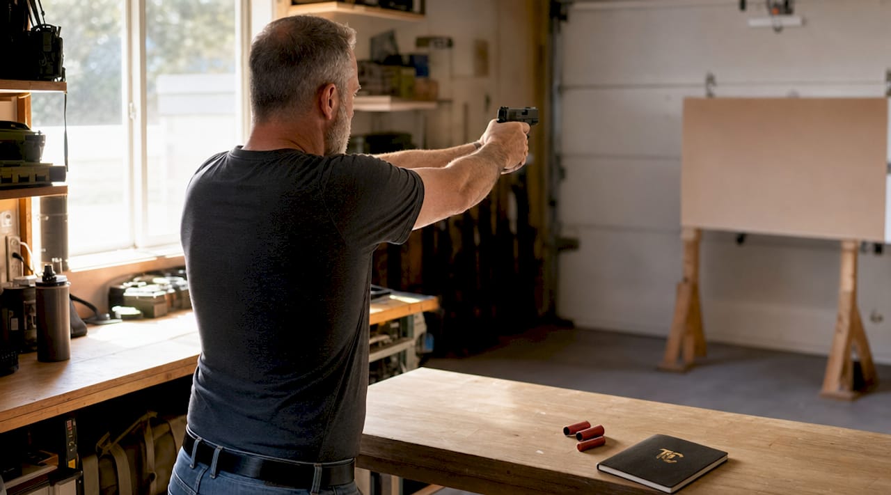 Close-up of hands controlling trigger on unloaded pistol