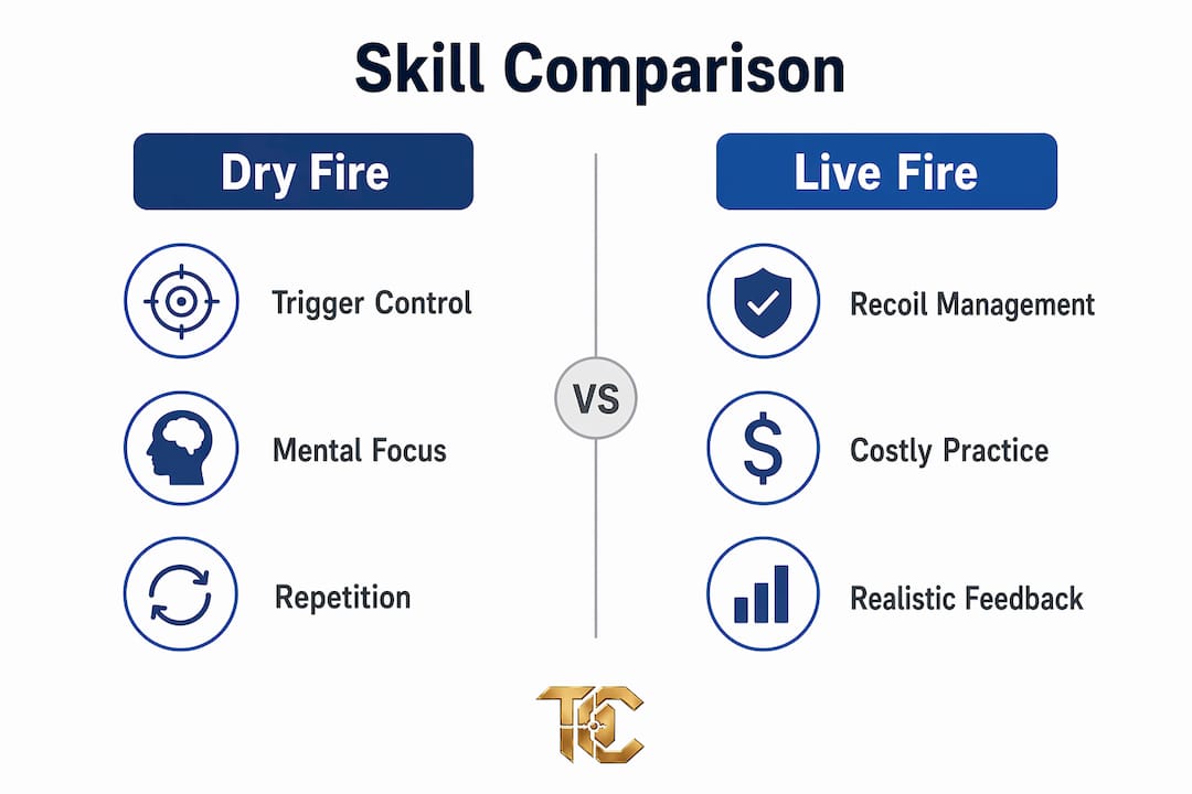 Infographic comparing dry fire and live fire training skills