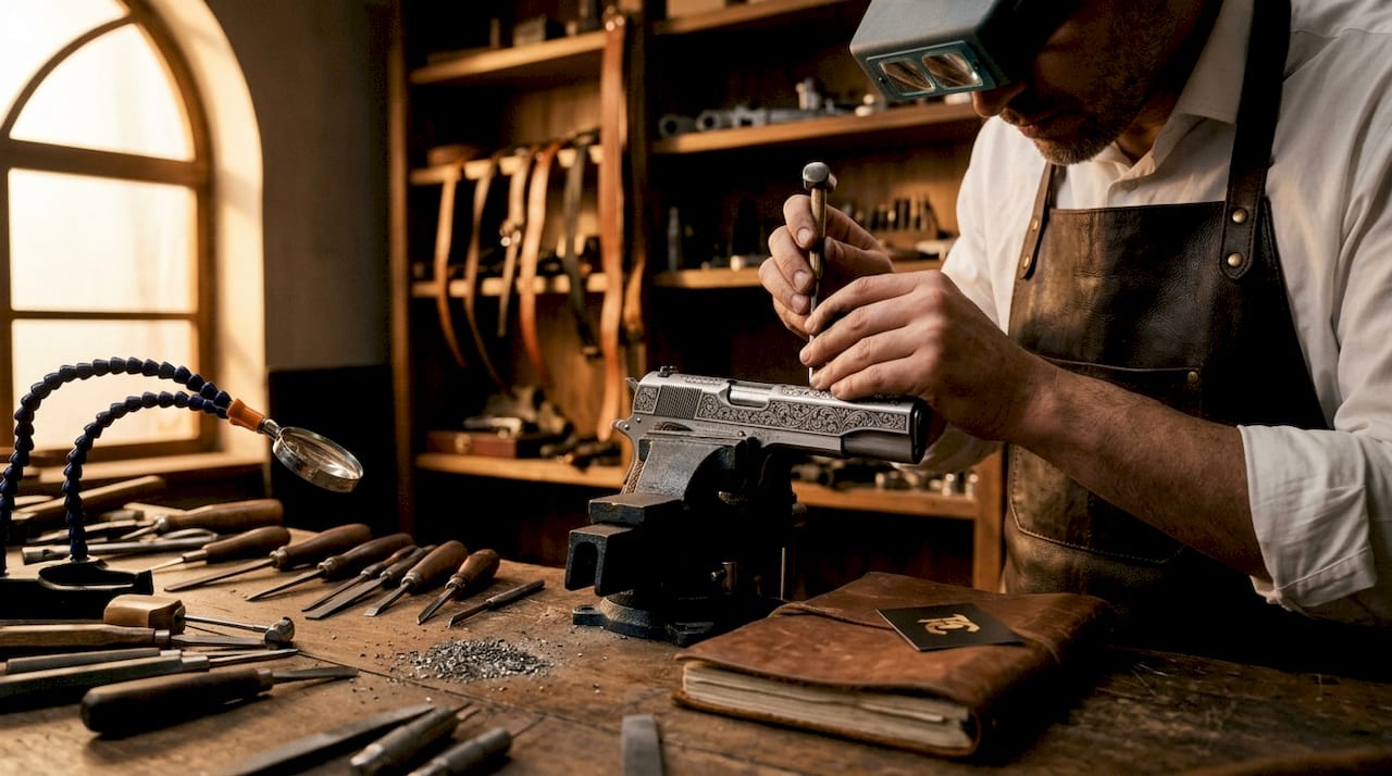 Hand engraving detailed firearm slide