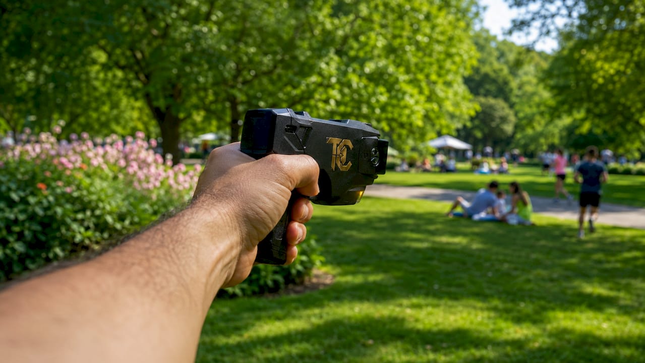 Hand holding TASER device on kitchen table
