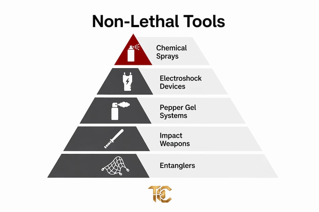 Infographic illustrating categories of non-lethal defense tools