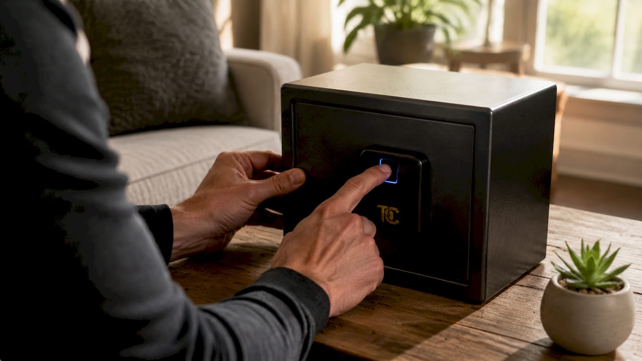 Hands using biometric gun safe scanner