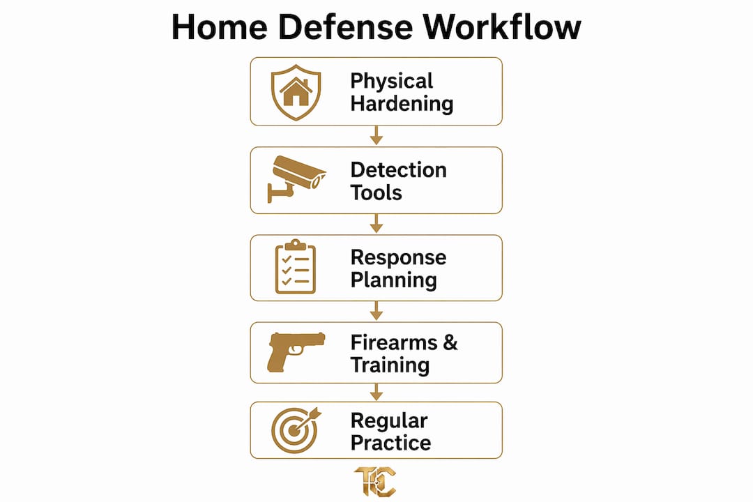 Infographic showing layered home defense workflow steps
