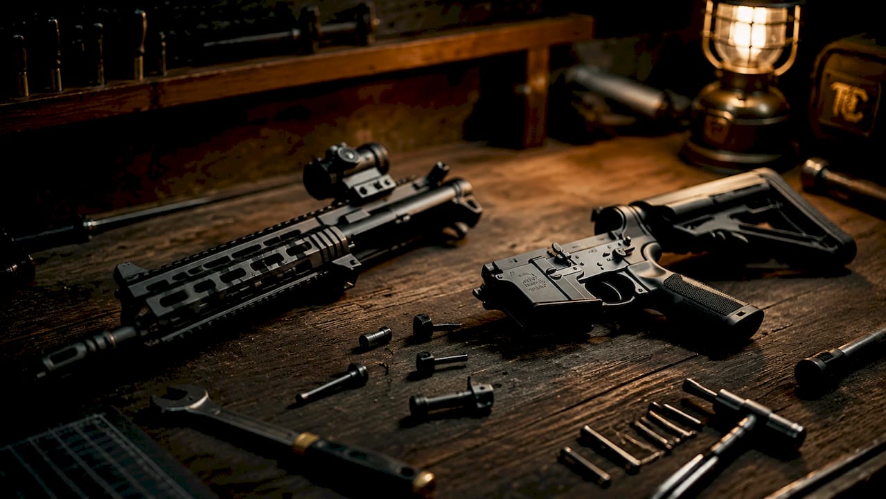 Overhead view of AR-15 upper and lower receivers separated