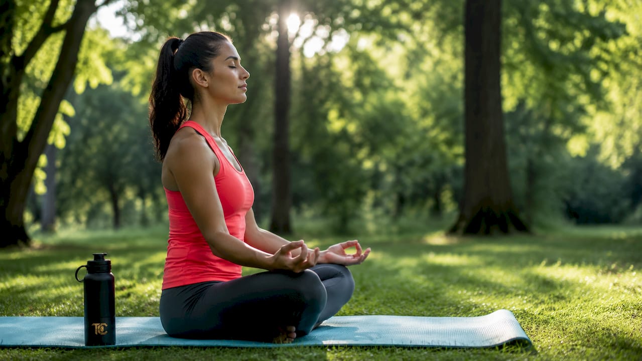 Woman practicing tactical breathing exercise indoors