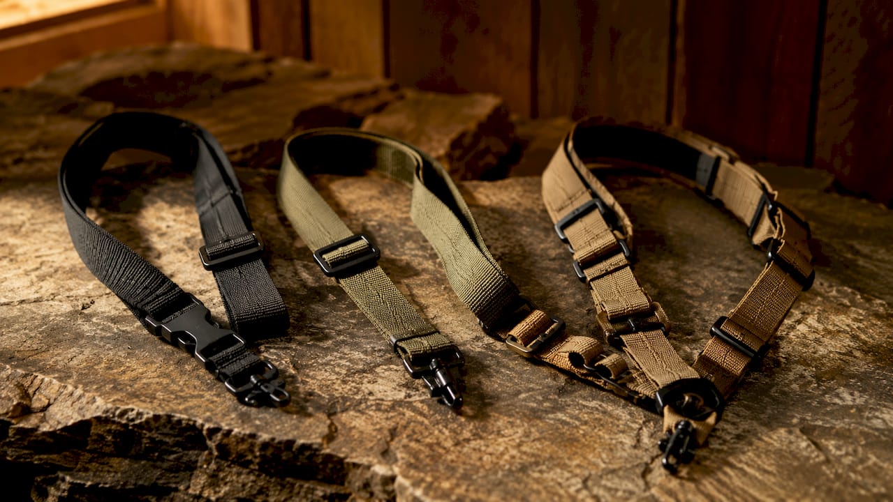 Three types of tactical slings on black studio background