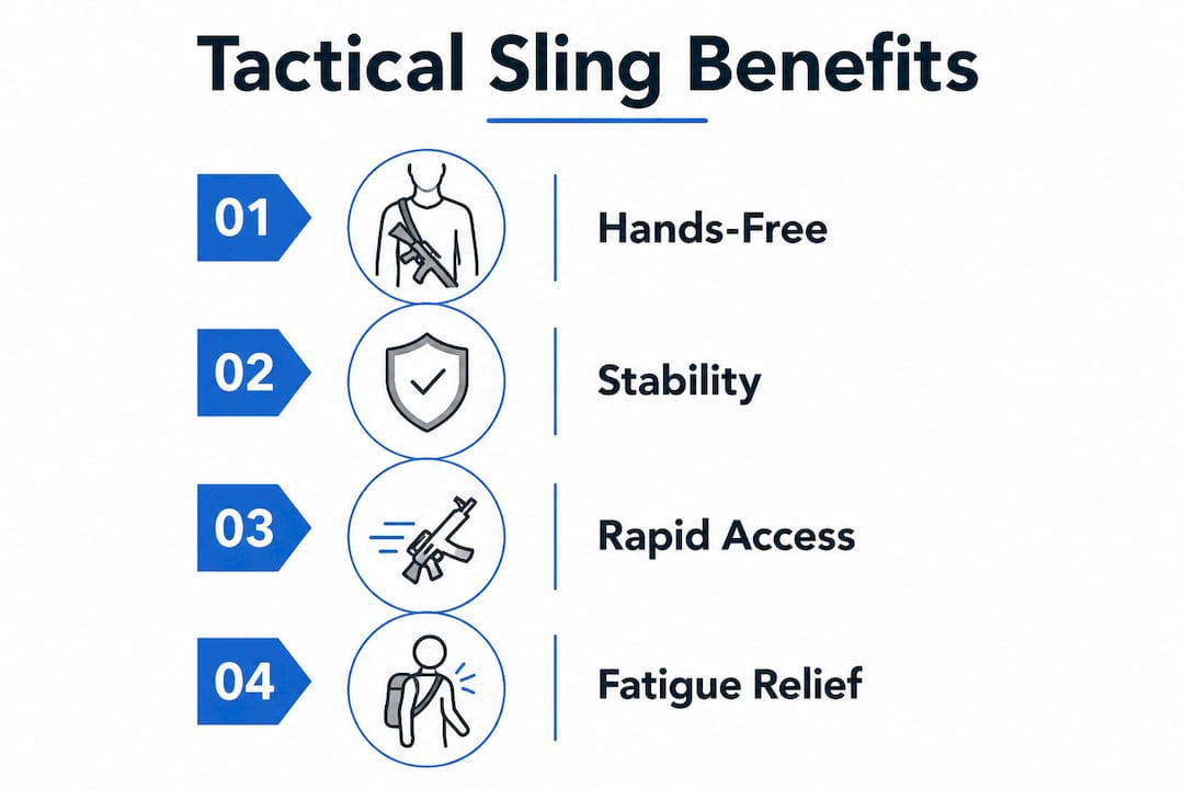 Infographic showing tactical sling advantages with four key benefits