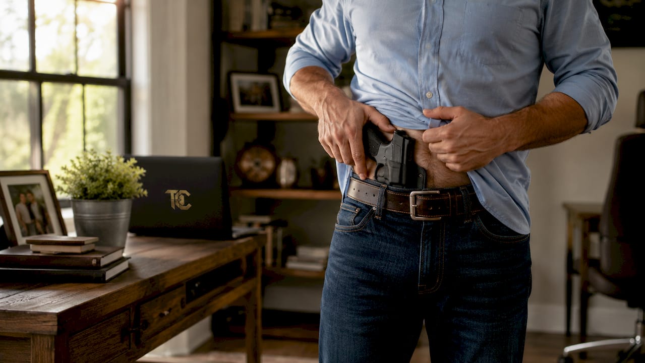 Hands securing handgun in concealed holster at office