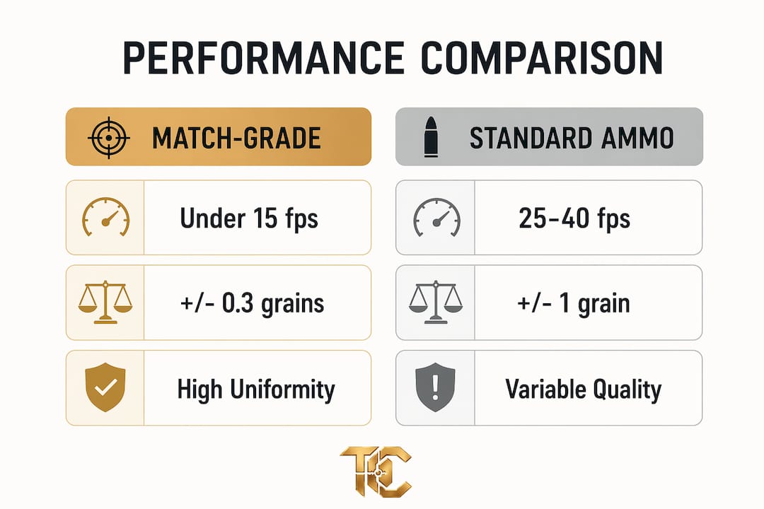 Infographic comparing match-grade and standard ammo performance