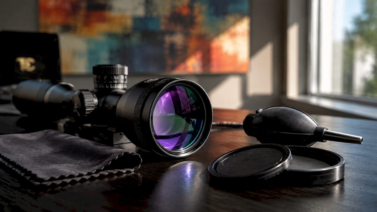 Close-up of multi-coated rifle scope lens with cleaning tools