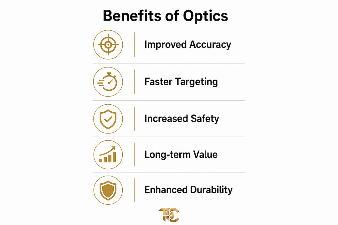 Infographic showing five key benefits of firearm optics