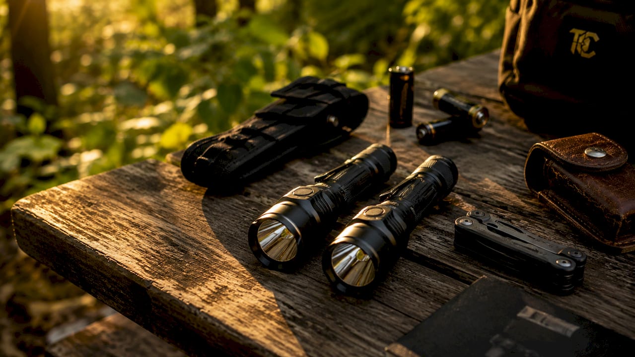Two tactical flashlights and accessories on wooden table