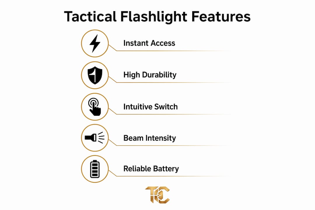 Infographic showing key tactical flashlight features in steps