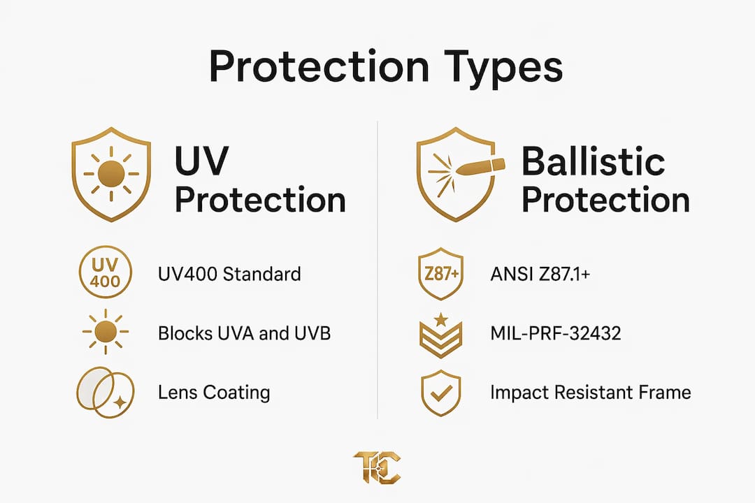Infographic comparing UV and ballistic protection in shooting eyewear