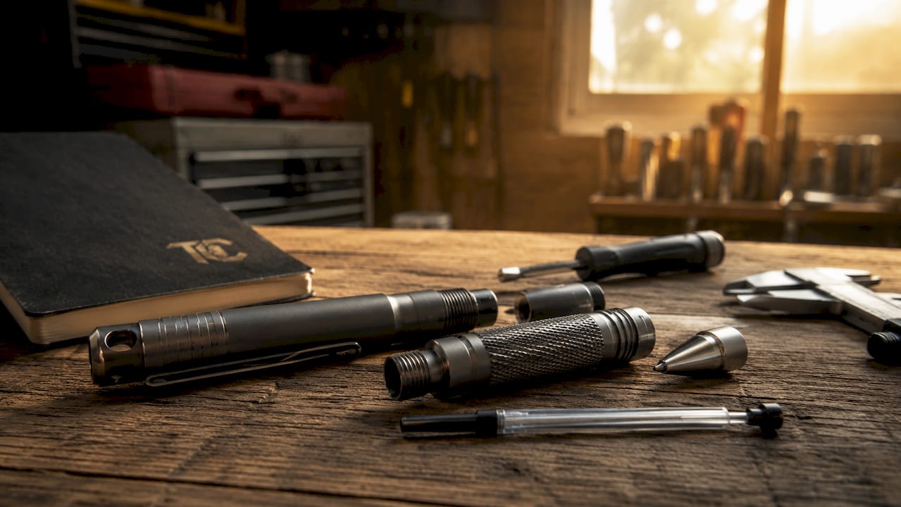 Disassembled tactical pen components macro shot