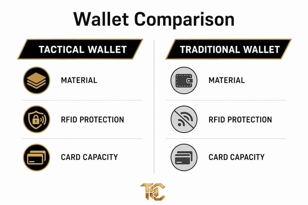 Infographic comparing tactical and traditional wallet features
