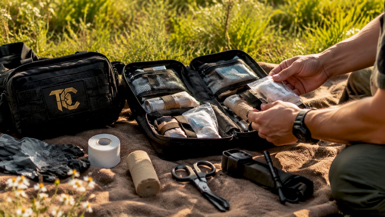 Hands opening trauma first aid kit