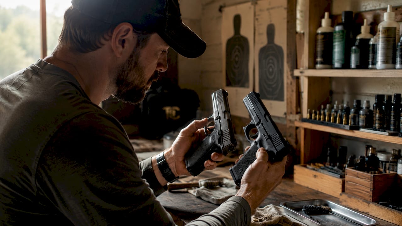 Side view of lightweight polymer handgun on scale