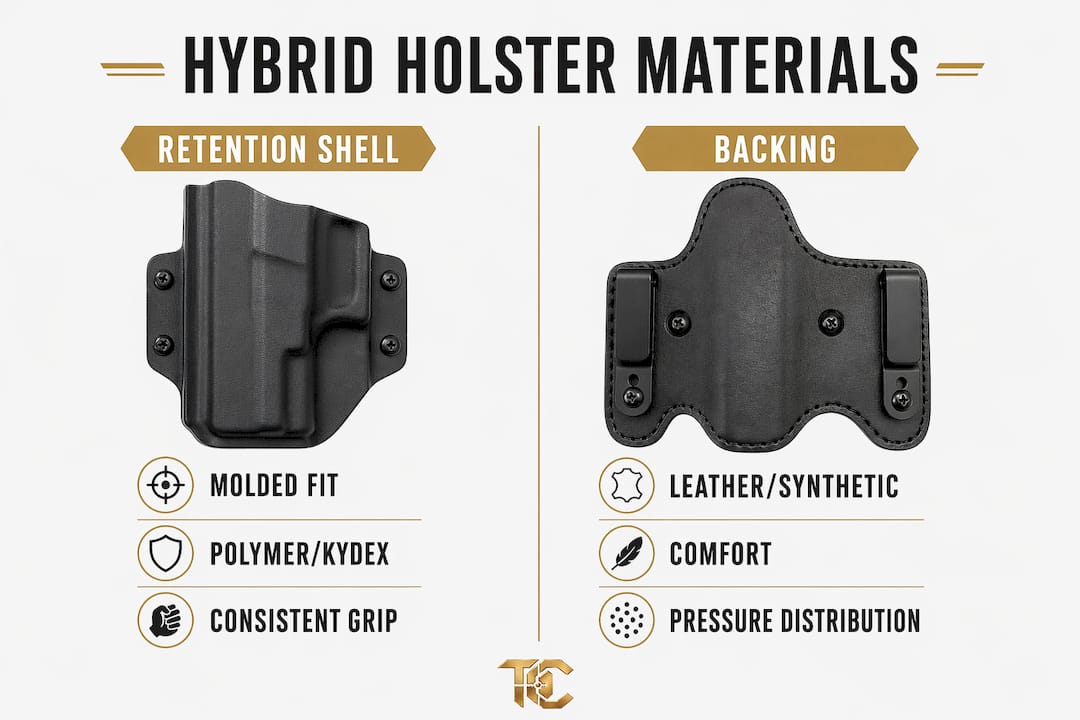 Infographic contrasting hybrid holster shell and backing materials