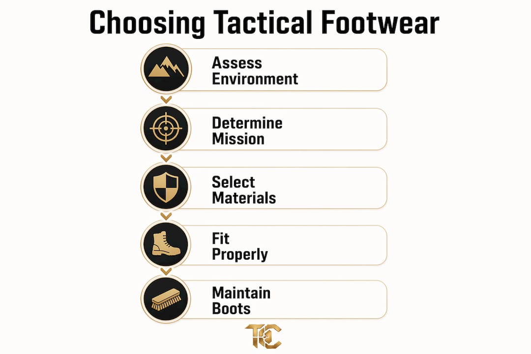 Infographic illustrating steps to choose tactical footwear.