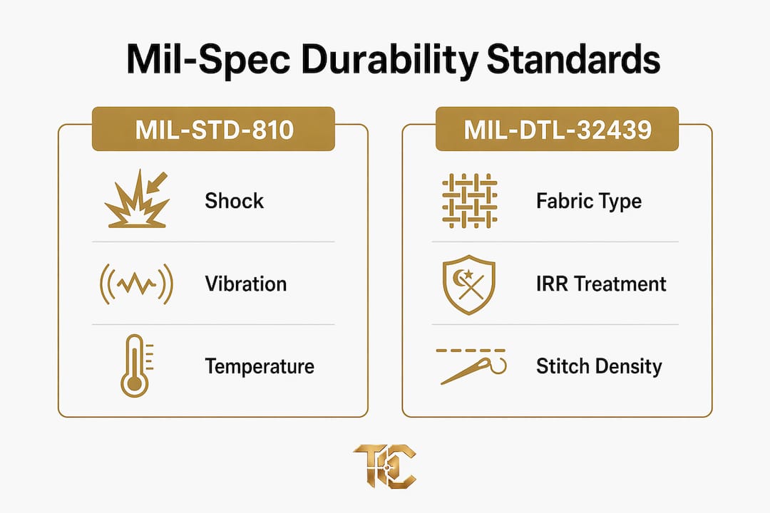 Infographic comparing MIL-STD-810 and MIL-DTL-32439 durability standards