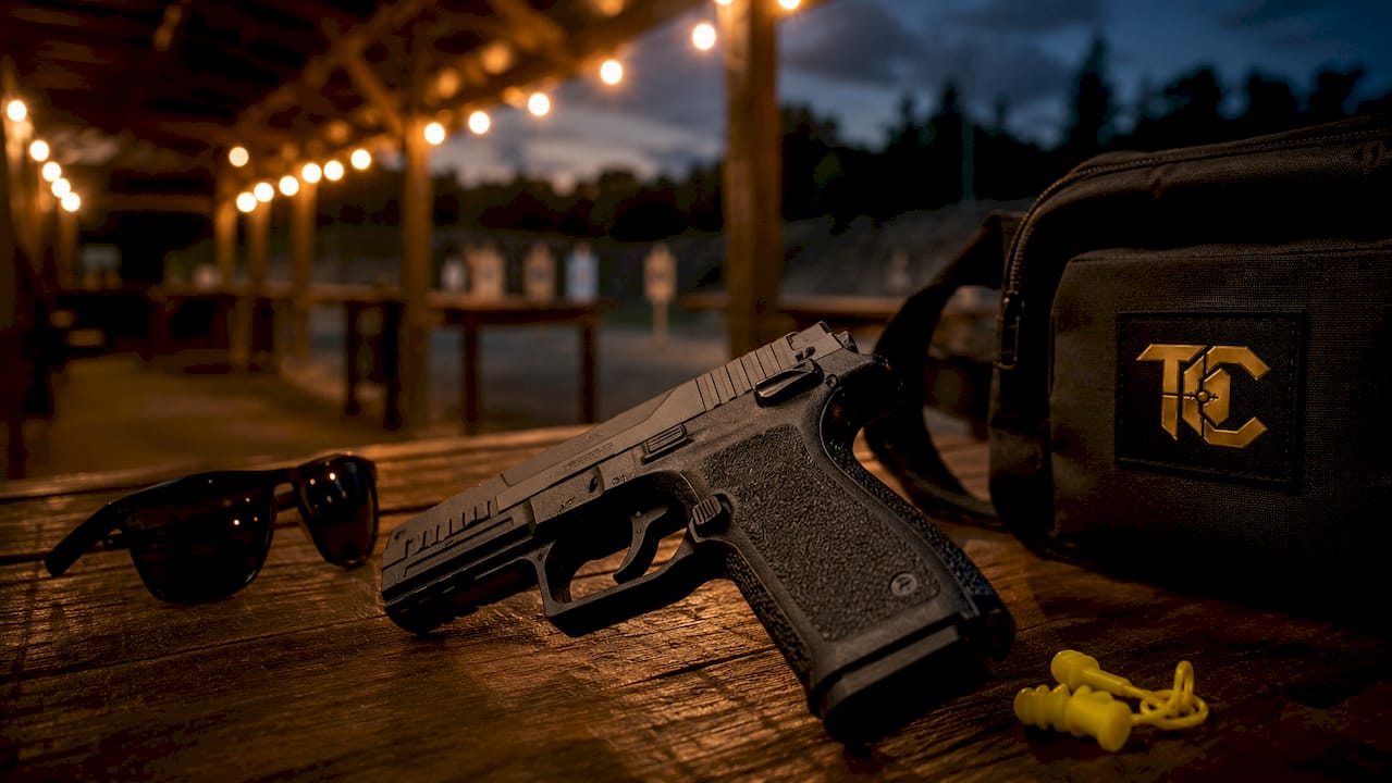 Close-up of handgun trigger blocked by manual safety