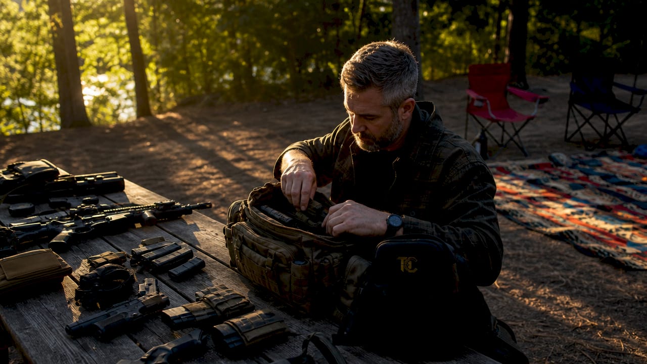 Man organizing pistol and rifle gear outdoors