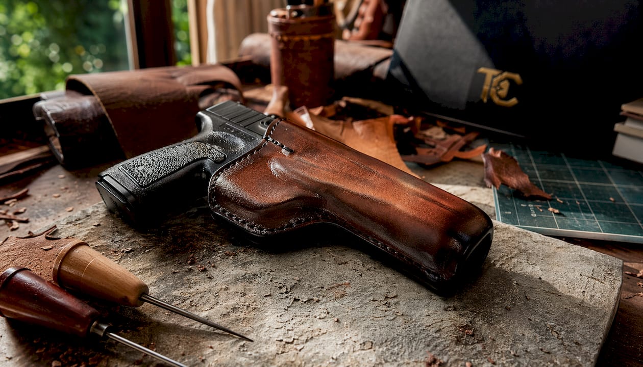 Overhead view of leather holster protecting trigger guard