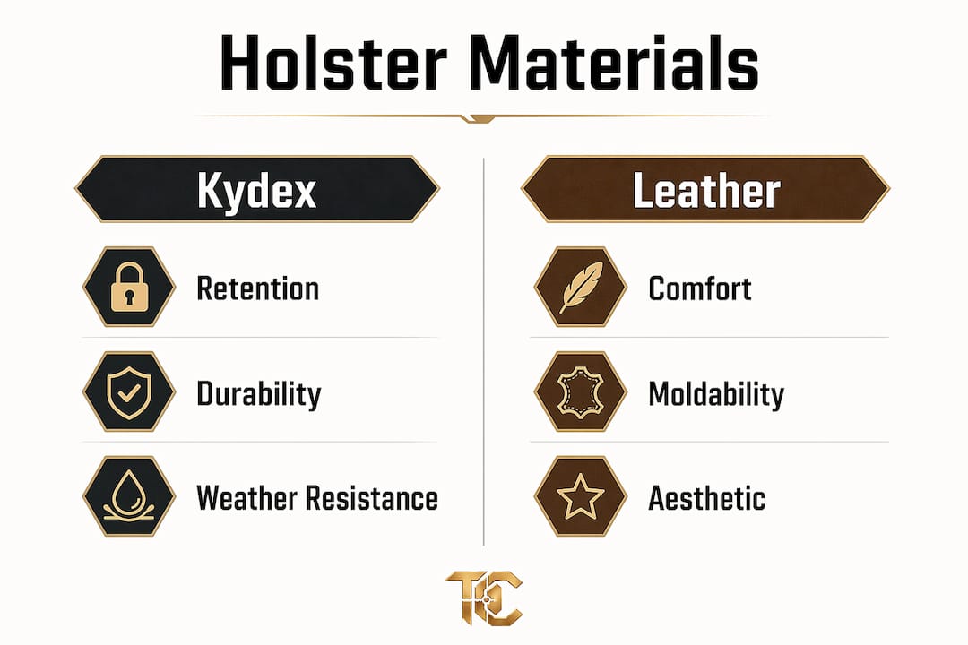 Comparison infographic of holster materials with key benefits