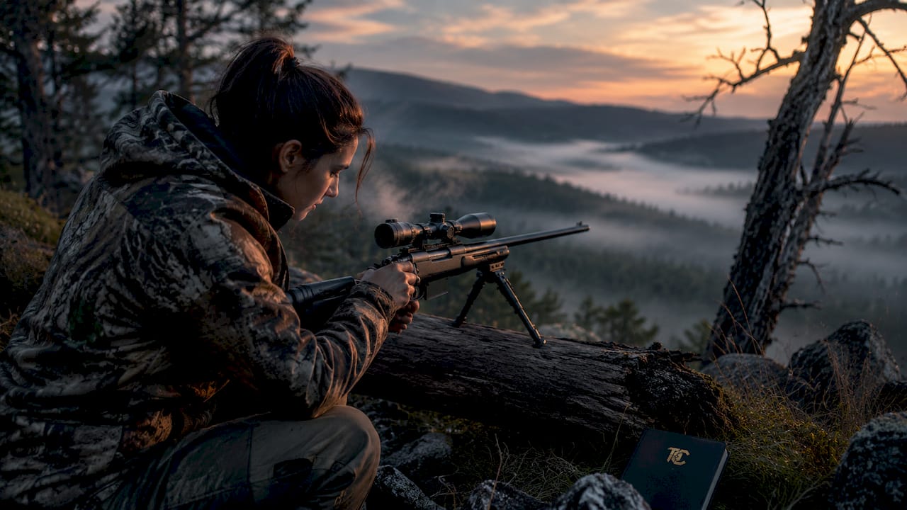 Hunter outdoors adjusting scope on rifle at dawn
