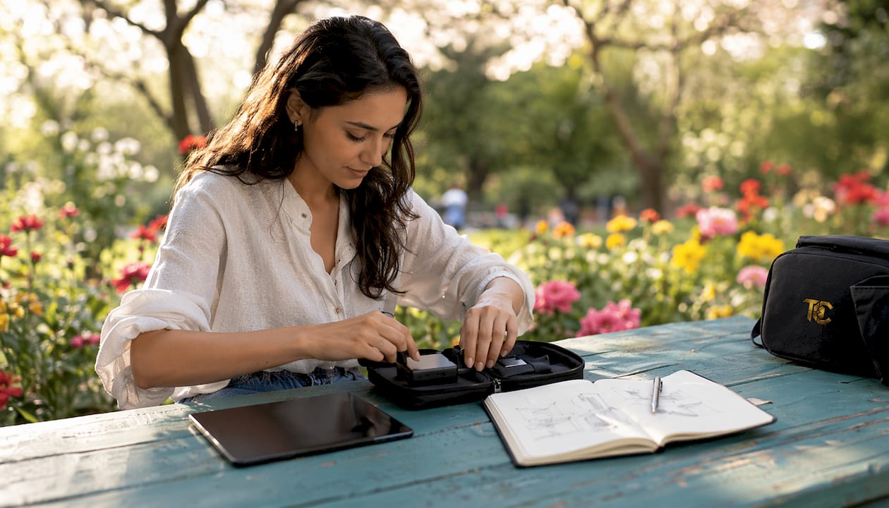 Man organizing digital EDC tech at café table
