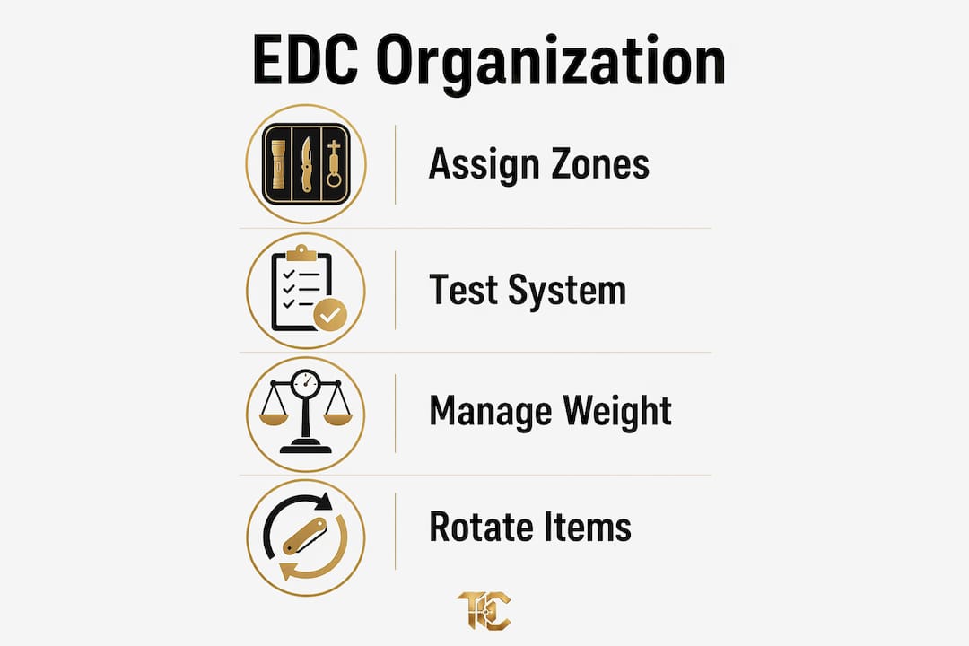 Infographic illustrating steps to organize everyday carry gear effectively