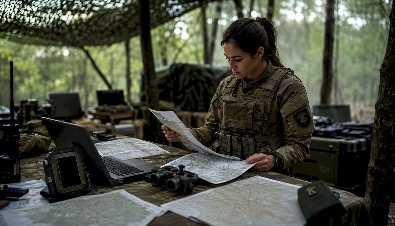 Military officer reviewing tactical documents