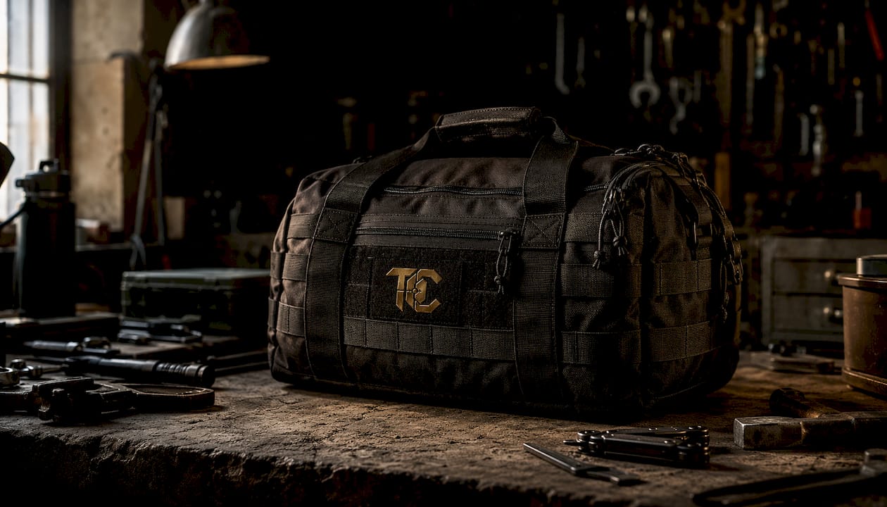 Close-up of tactical duffle materials and features