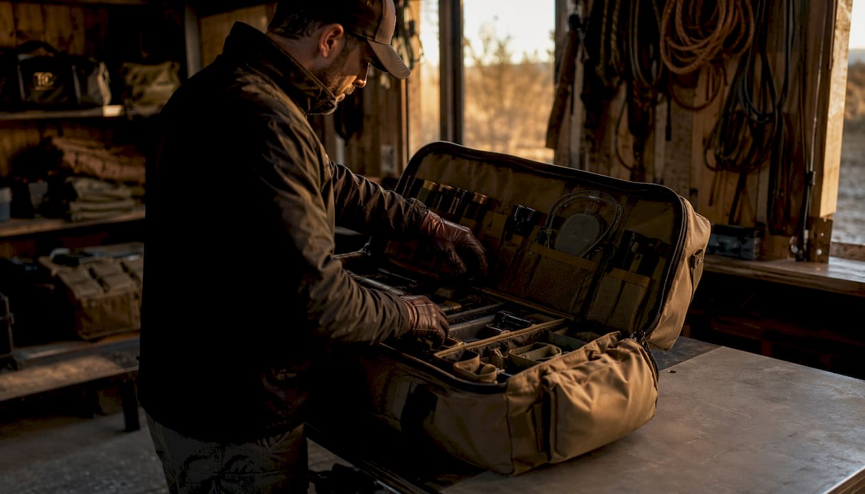 Overhead view of well-organized tactical duffle compartments