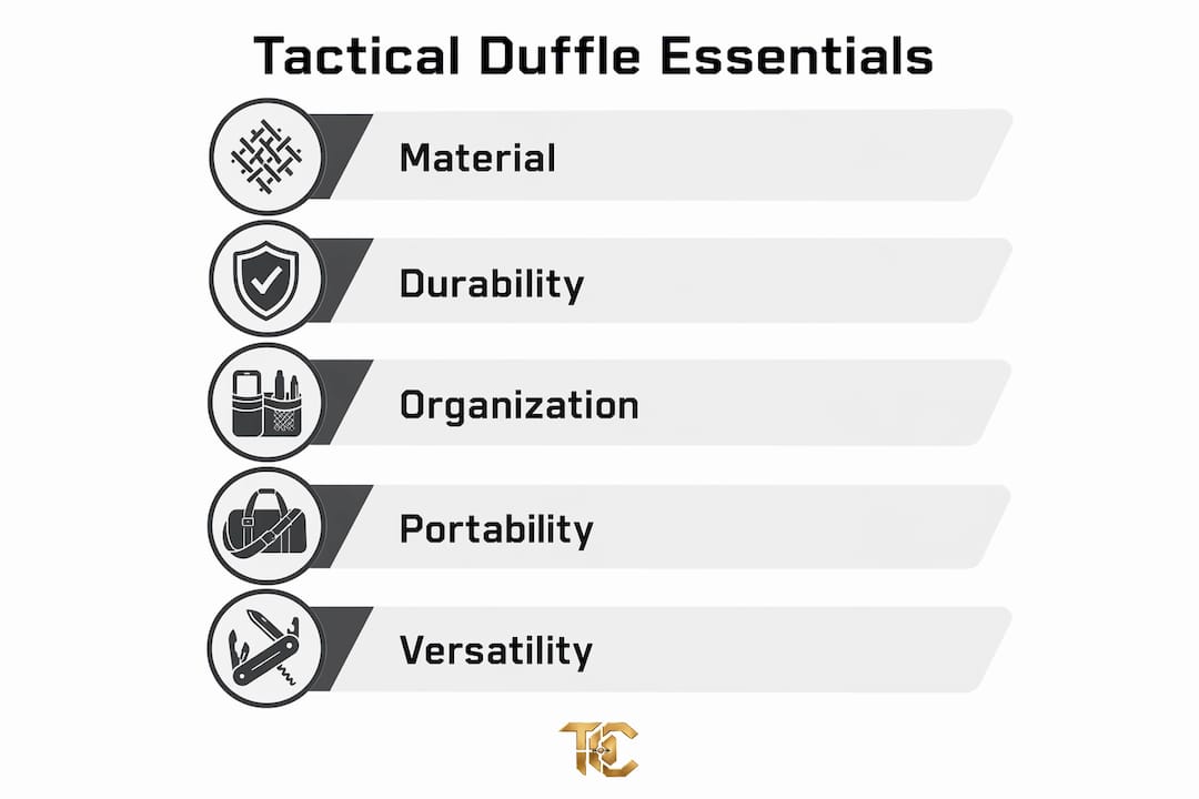 Infographic showing tactical duffle features and benefits