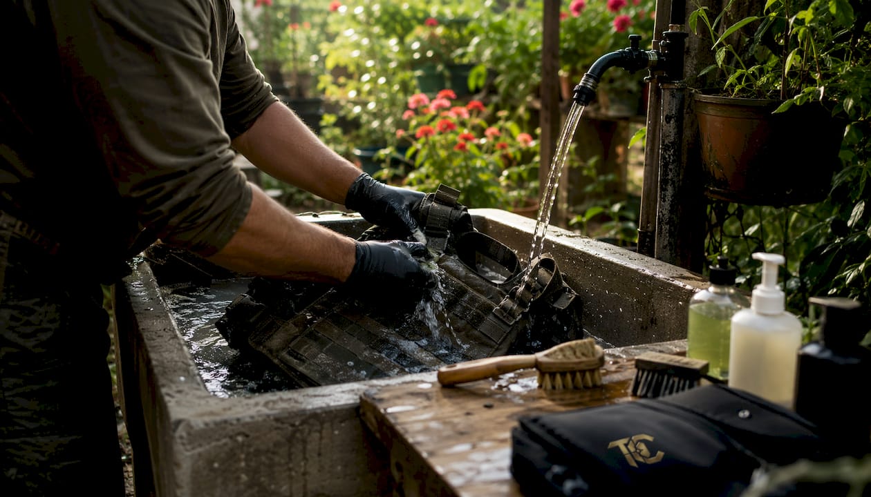 Hands washing tactical nylon vest in sink