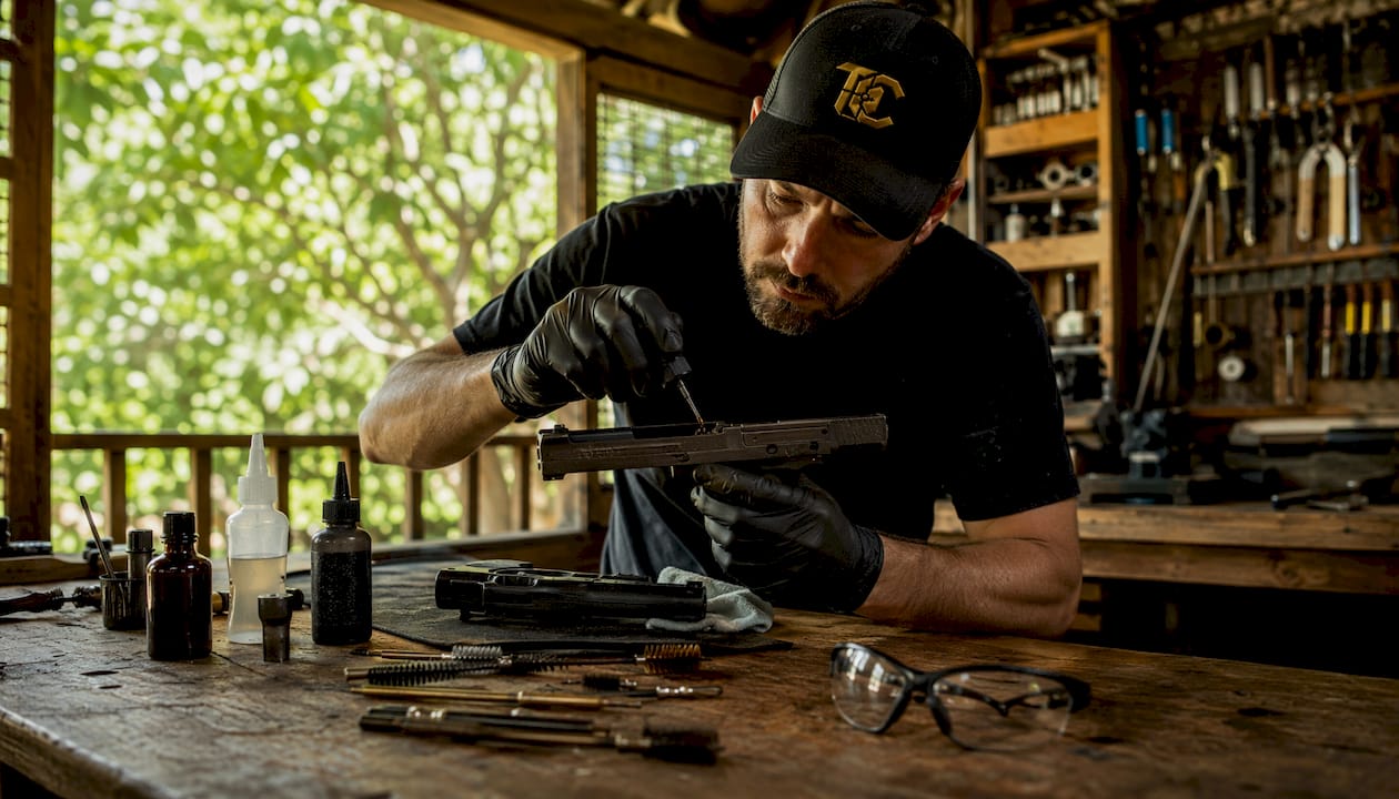 Armorer cleaning handgun in maintenance room