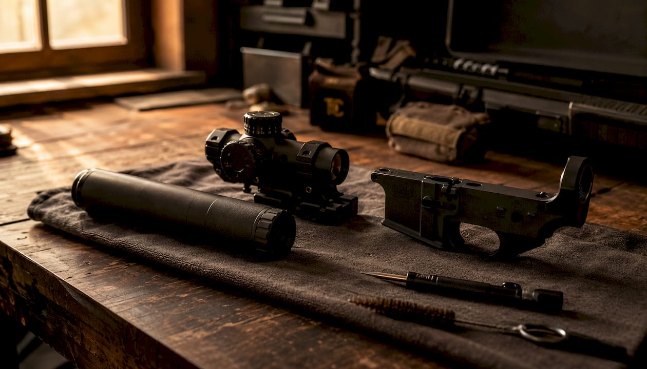 Close-up of serialized firearm accessories on table