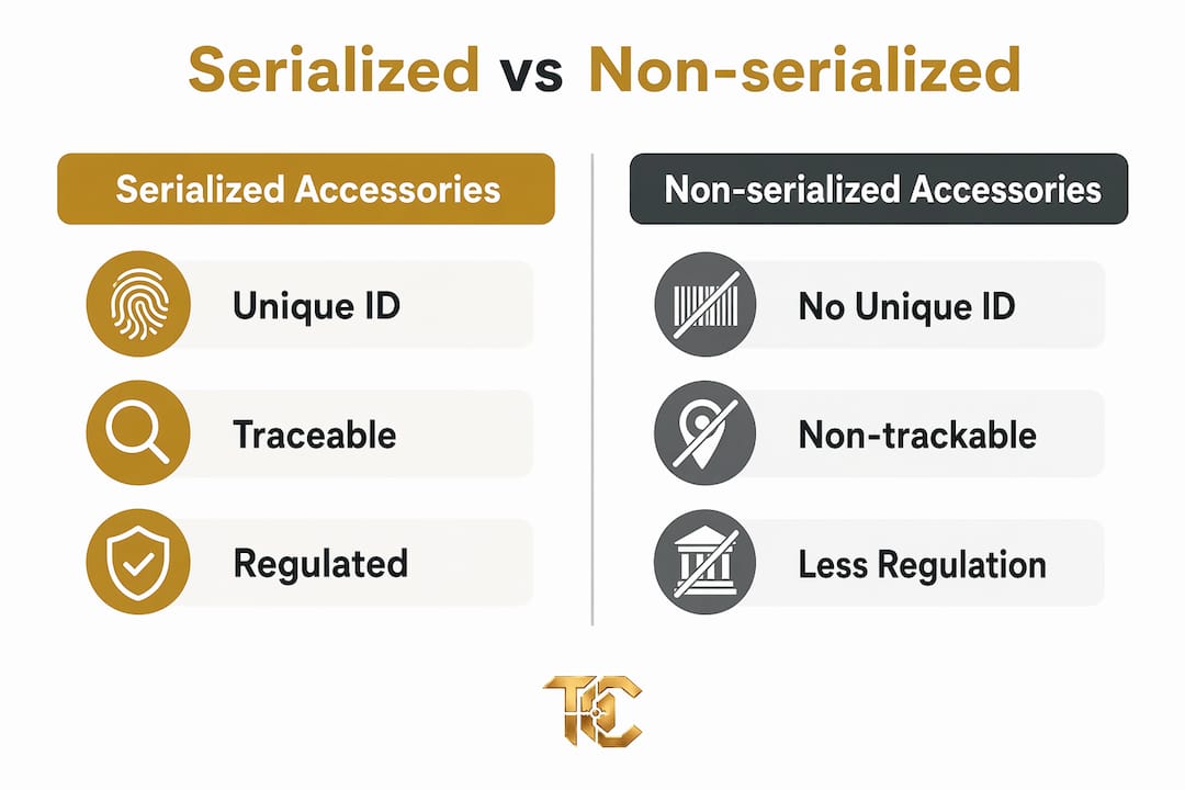 Infographic comparing serialized and non-serialized firearm accessories