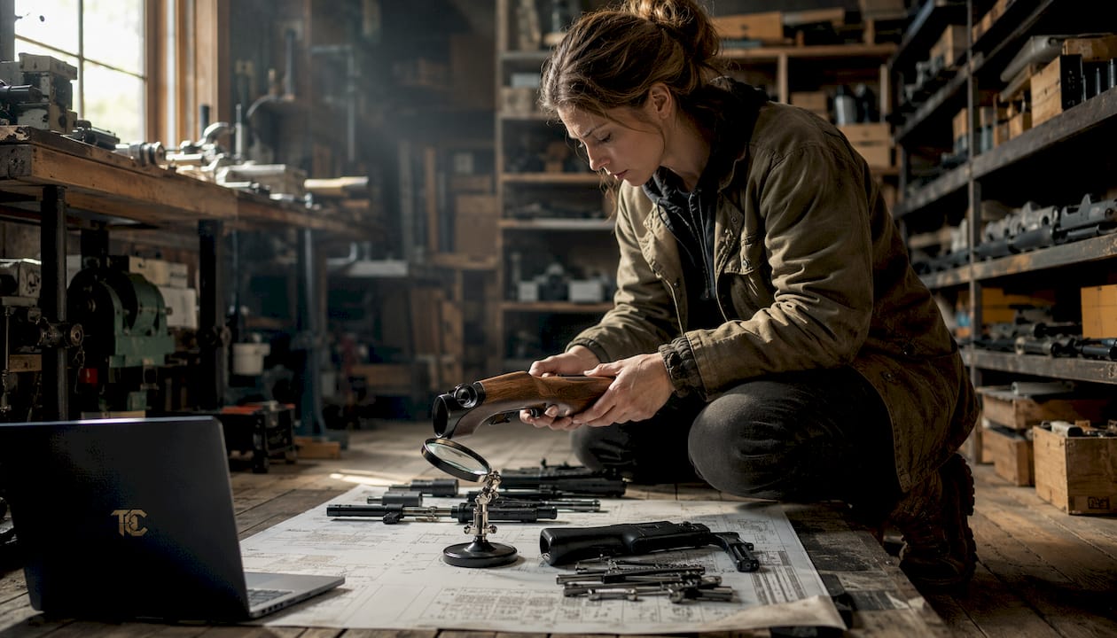 Hands inspecting firearm parts on workbench