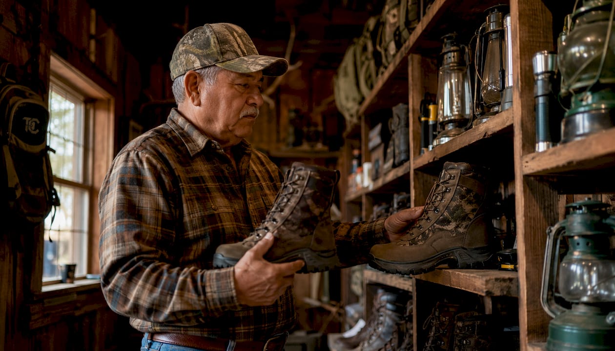 Customer browsing camouflage jackets in hunting store