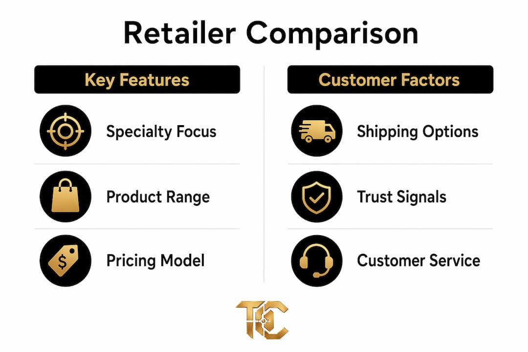 Infographic comparing key features and customer factors of hunting gear retailers
