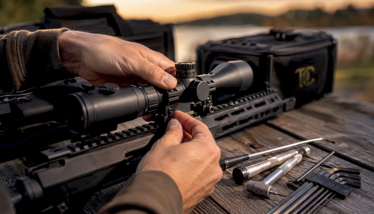 Hands mounting rifle scope in workshop