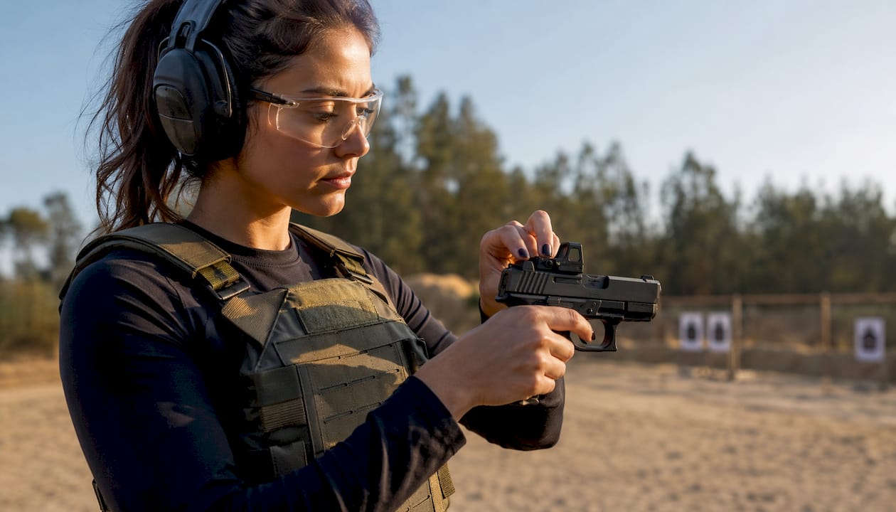 Female shooter adjusting red dot sight on pistol