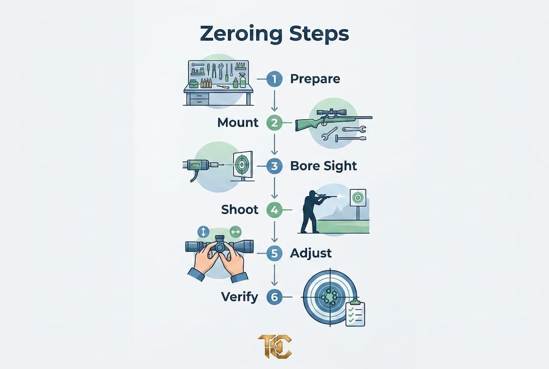 Infographic showing zeroing optics step-by-step process