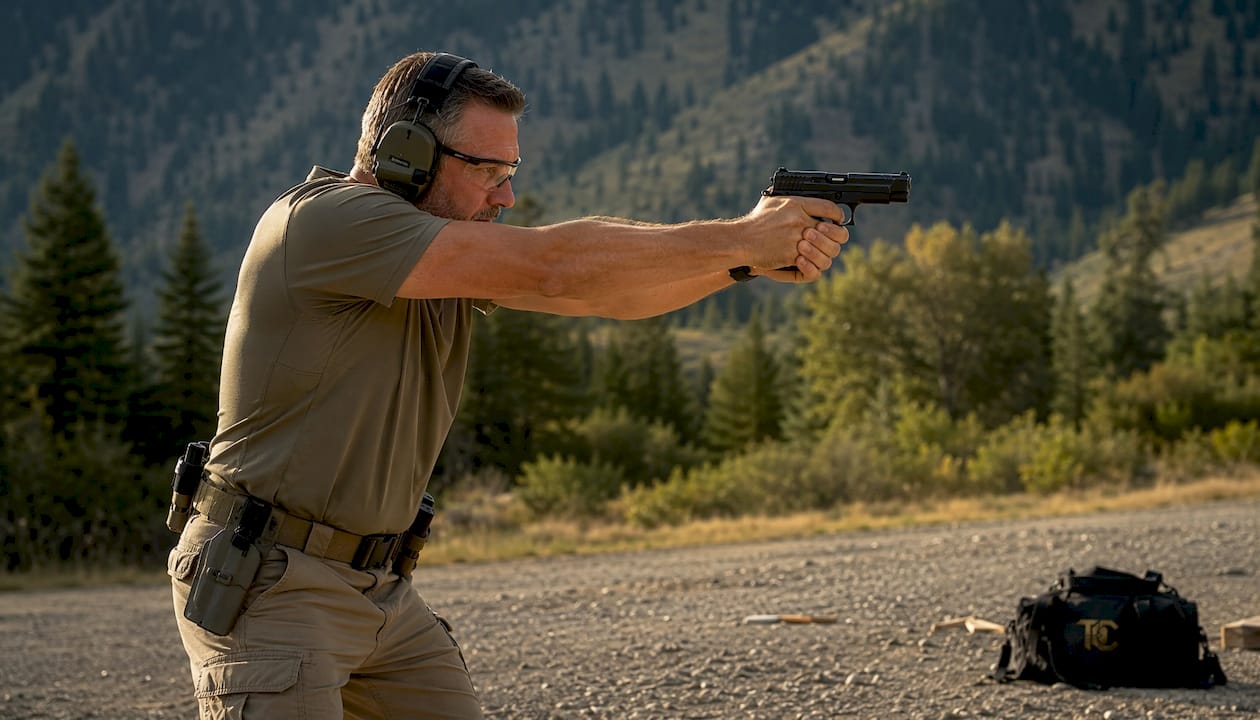 Shooter pulling DA/SA semi-auto pistol trigger indoors