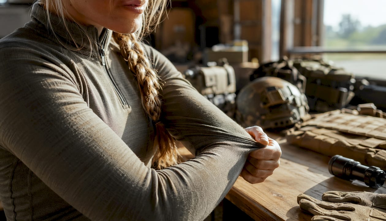Hands adjusting merino wool base layer