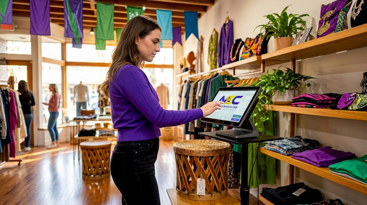 Retail worker adjusts POS touchscreen in boutique