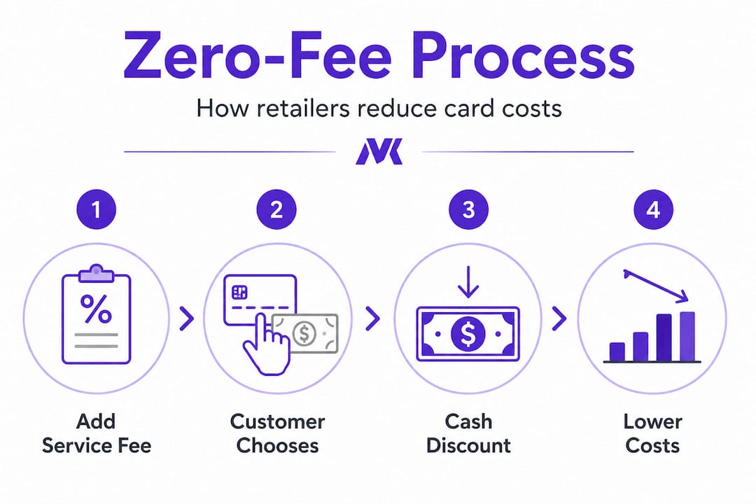 Infographic explaining zero-fee processing steps for retailers